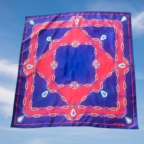 CARTIER Must de France Silk Scarf Vintage Navy Blue & Red Gold Chain Jewel Logo